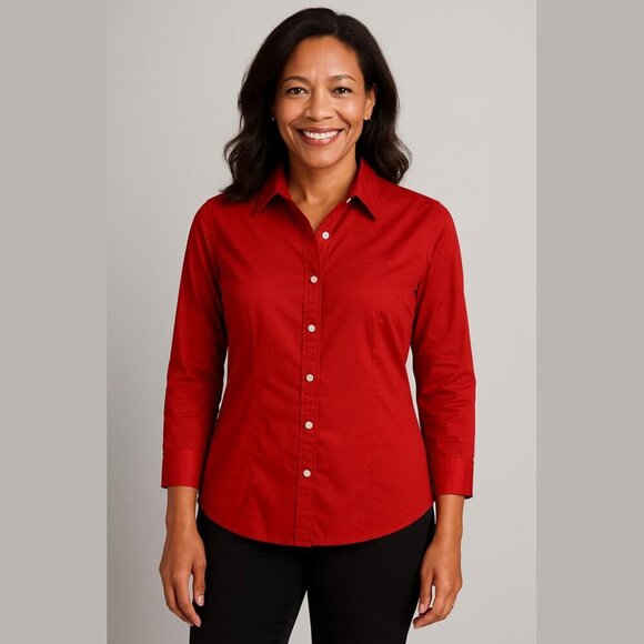 Talbots Red Button Down Cotton Shirt 3/4 Sleeve Collared Blouse Size Small - Picture 1 of 12